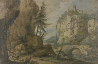 Allaert van Everdingen - Links hohe Felsen mit Tannen rechts auf hohen Felsen eine Burg ber dem Bach eine steinerne Brcke.webp
