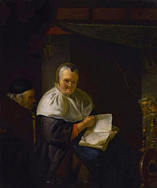 Anthony van Deyl - Interior with a woman reading by a spinning wheel and a man smoking.webp