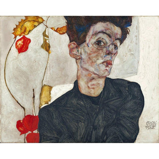 Autoportrait avec une plante de lanternes chinoises d'Egon Schiele | Reproduction Tableau Décoration murale affiche copie