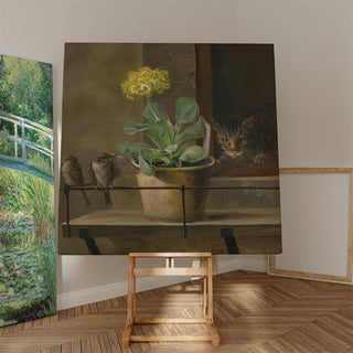 Impresión artística | Naturaleza muerta con una prímula en un jarrón, un gato y dos gorriones - Martinus Rørbye