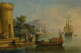 ClaudeJoseph Vernet - View of a Mediterranean port with a group of figures on the shores edge a large ship beyond.webp