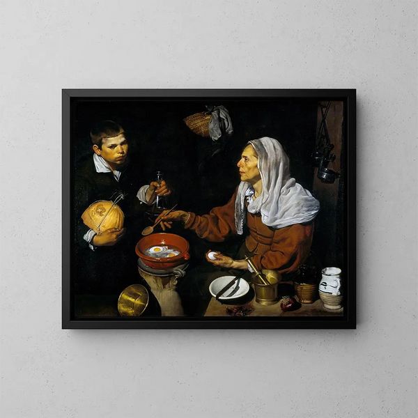 Una anciana cocinando huevos - Diego Velázquez — cuadro enmarcado en la pared