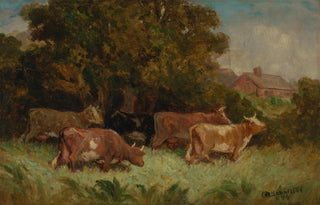 Edward Mitchell Bannister - Untitled five cows in pasture rooftop in background.webp