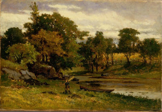 Edward Mitchell Bannister - Untitled landscape boat moored near stream man walking in foreground.webp