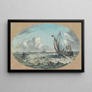 Ferdinand Keller - Seestck Segel und Ruderboote auf bewegtem Meer.webp