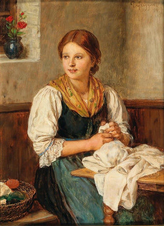 Franz von Defregger - A Young Girl In Traditional Costume Sewing At Home.webp