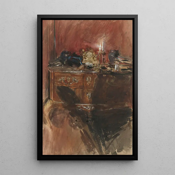 Vista de un interior con una cómoda Louis XV - Giovanni Boldini — cuadro enmarcado en la pared