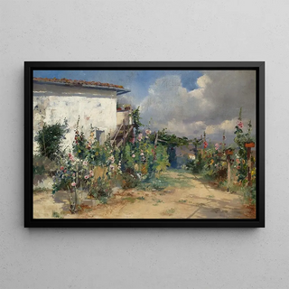 Henryk Siemiradzki - House with hollyhocks in the garden.webp