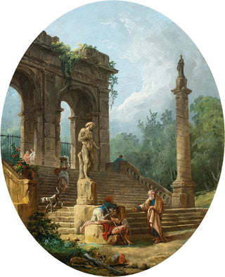 Hubert Robert - A capriccio of a classical arcade and a column with figures conversing before a statue.webp