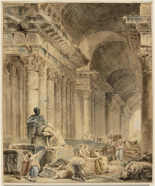 Hubert Robert - Gewlbte Sulengalerie mit antikischer Sitzstatue.webp