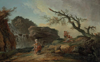 Hubert Robert - La Cascade A Rocky Hillside With A Peasant Woman And Child Near A Waterfall And Boys Resting By A Blasted Tree.webp
