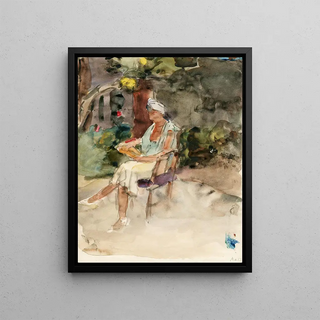 Isaac Israls - Lezende vrouw op een stoel in een tuin.webp