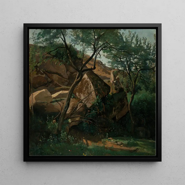 Joven pastor entre las rocas, bosque de Fontainebleau - Jean-Baptiste-Camille Corot — cuadro enmarcado en la pared