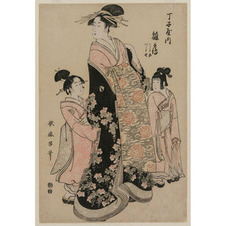 La courtisane Hinazuru de Chojiya avec ses suivantes Tsuruji et Tsuruno - Kitagawa Utamaro | Reproduction Tableau Décoration murale affiche copie