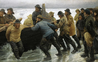 Michael Ancher - Fishermen launching a rowing boat.webp