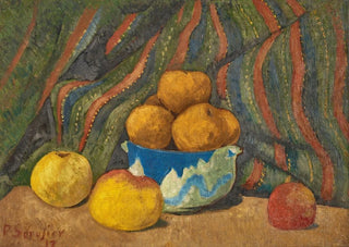 Paul Srusier - Nature morte aux pommes sur fond de tenture raye.webp