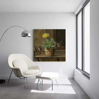 Impresión artística | Naturaleza muerta con una prímula en un jarrón, un gato y dos gorriones - Martinus Rørbye