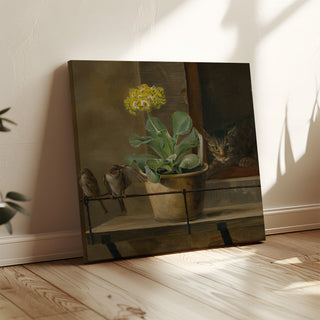 Impresión artística | Naturaleza muerta con una prímula en un jarrón, un gato y dos gorriones - Martinus Rørbye