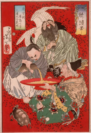 Tsukioka Yoshitoshi - Tbsaku Miura Yoshiaki the Tax Collector and Urashima Tar Drinking Wine.webp