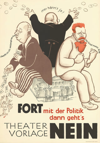 Póster vintage de teatro 'Theatervorlage Nein' en estilo caricatura política