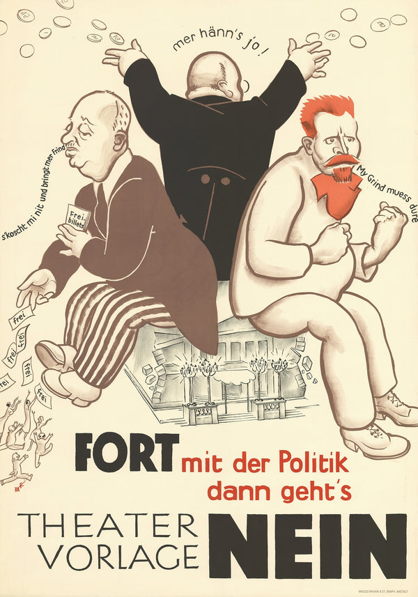 Póster vintage de teatro 'Theatervorlage Nein' en estilo caricatura política
