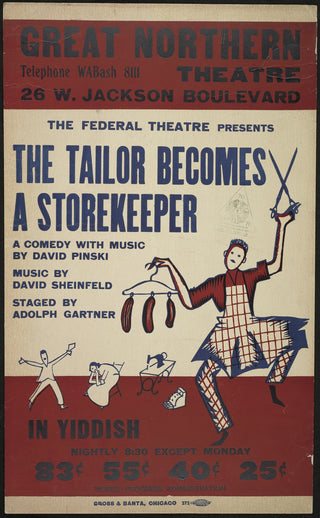 Póster de teatro vintage The Tailor Becomes a Storekeeper en yidis