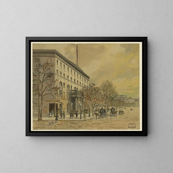 Tableau Vista de Washington mirando hacia abajo por Pennsylvania Avenue hacia el Capitolio inacabado, Hotel Nacional a la izquierda n° 1 - A Meyer — cuadro enmarcado en la pared