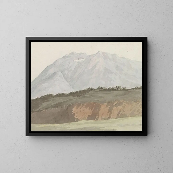 the Vue du monastère chartreux de Monte Vergine surplombant Avellino - Abraham Louis Rodolphe Ducros — framed artwork on a wall