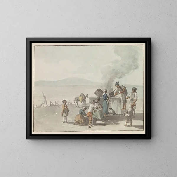 la fusión de la brea en Chiaja, Nápoles - Abraham Louis Rodolphe Ducros — cuadro enmarcado en la pared