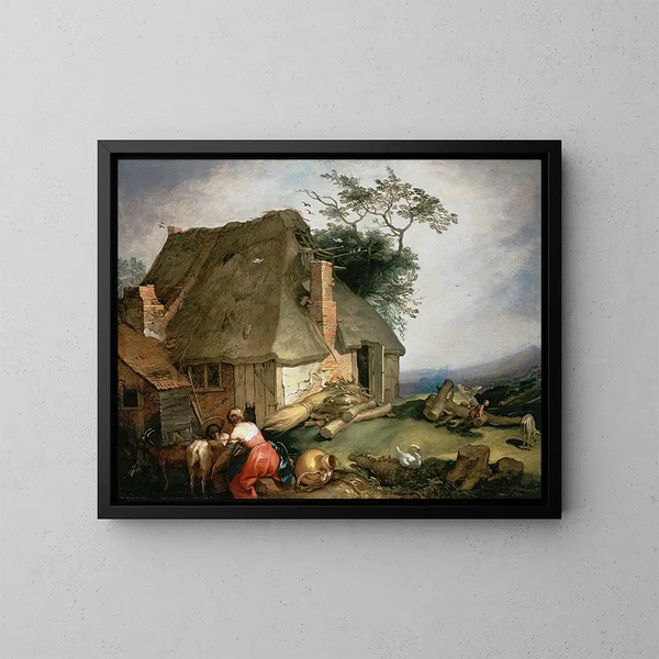 Una cabaña con campesinos cuidando cabras - Abraham Bloemaert — cuadro enmarcado en la pared