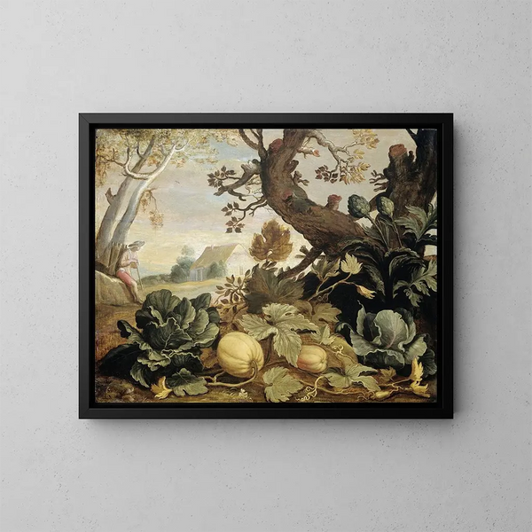 Paisaje con frutas y verduras en primer plano - Abraham Bloemaert — cuadro enmarcado en la pared