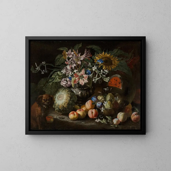naturaleza muerta de frutas y flores en un jarrón de plata con pie y bordes acanalados, con un perro espolón en la observación - Abraham Brueghel — cuadro enmarcado en la pared