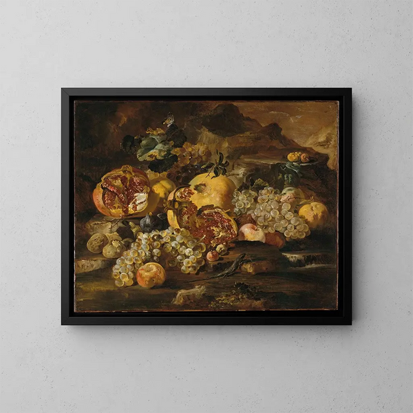 Granadas y otras frutas en un paisaje - Abraham Brueghel — cuadro enmarcado en la pared