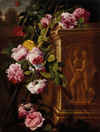 Abraham Brueghel - Roses in a garden with a sculpted plinth.webp