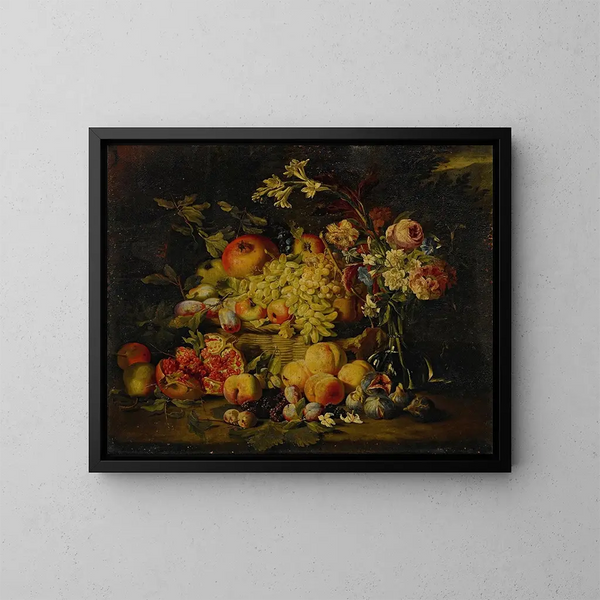 naturaleza muerta de flores y frutas, incluyendo granadas, duraznos y uvas - Abraham Brueghel — cuadro enmarcado en la pared