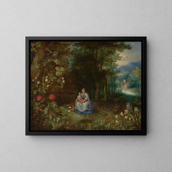 La Virgen y el Niño en un paisaje boscoso - Abraham Govaerts — cuadro enmarcado en la pared