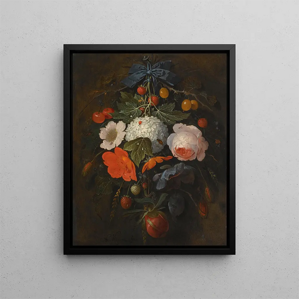 Abraham Mignon - A Festoon Of Flowers And Fruit Including A Pink Rose A Poppy A Snowball Gooseberries And Fraises De Bois Along With A Variety Of Insects.webp