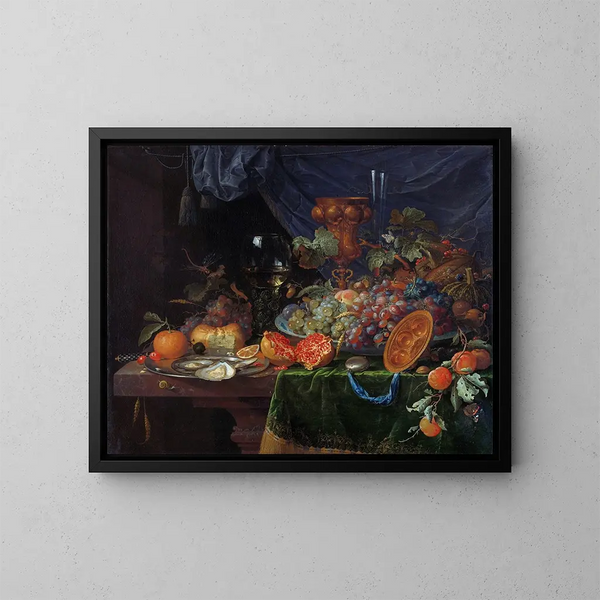 Naturaleza muerta con frutas y ostras - Abraham Mignon — cuadro enmarcado en la pared