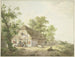 a House of a peasant at the edge of the road with five cows and a rider in front of the house, five characters and a dog - Abraham Teerlink — artwork view