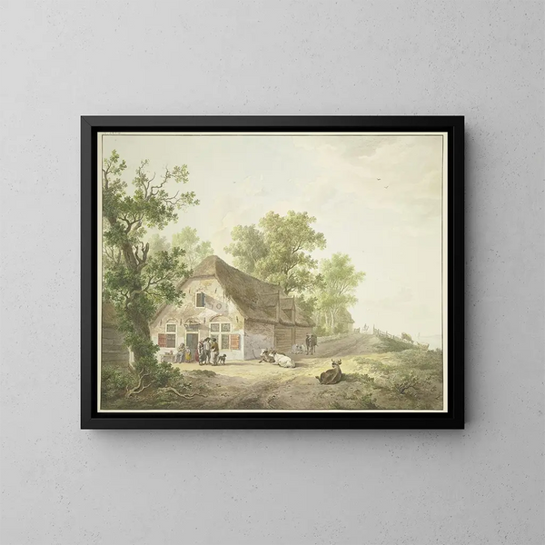Casa campesina junto al camino con cinco vacas y un jinete frente a la casa, cinco personajes y un perro - Abraham Teerlink — cuadro enmarcado en la pared