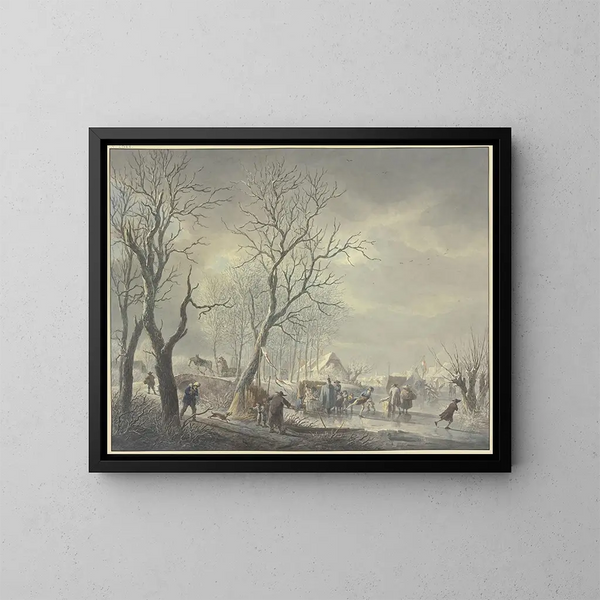 paisaje de invierno, patinaje sobre el canal, un hussardo abraza a una chica que sostiene una bebida - Abraham Teerlink — cuadro enmarcado en la pared