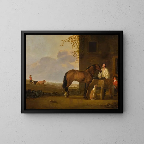 a knight tending to his horse, a cowherd with his cattle in the distance - Abraham van Calraet — framed artwork on a wall