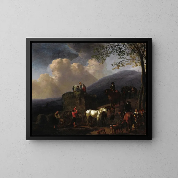 Harvesting hay - Abraham van Calraet — framed artwork on a wall