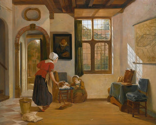 Abraham Van Strij - Interior with a maid a girl with a dog and a map of dordrecht.webp