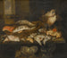 Nature morte avec saumon, plie, crabe et autres poissons disposés sur une table, vue sur la mer au-delà - Abraham van Beijeren — vista de la obra