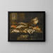 Nature morte avec saumon, plie, crabe et autres poissons disposés sur une table, vue sur la mer au-delà - Abraham van Beijeren — cuadro enmarcado en la pared