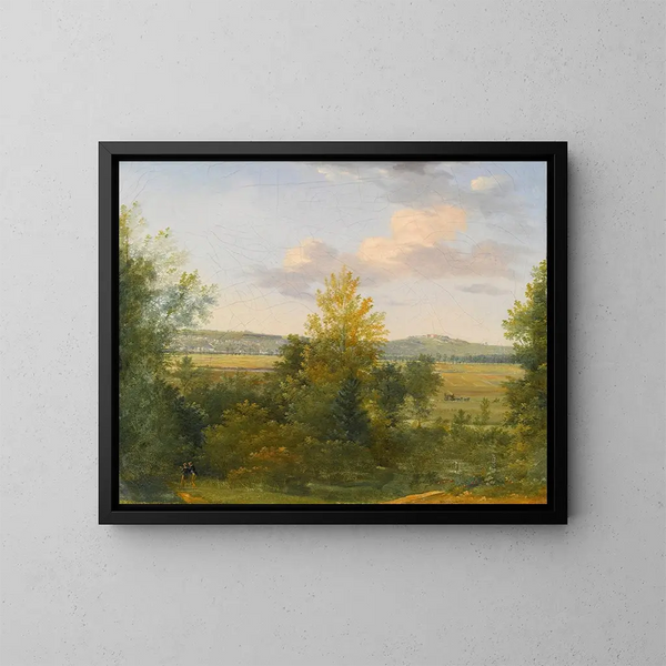 Pastoral landscape with two travelers - Achille Etna Michallon — framed artwork on a wall