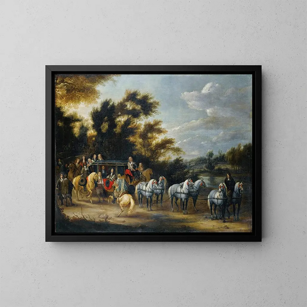 Parada de carruaje cerca de un bosque - Adam Frans van der Meulen — cuadro enmarcado en la pared