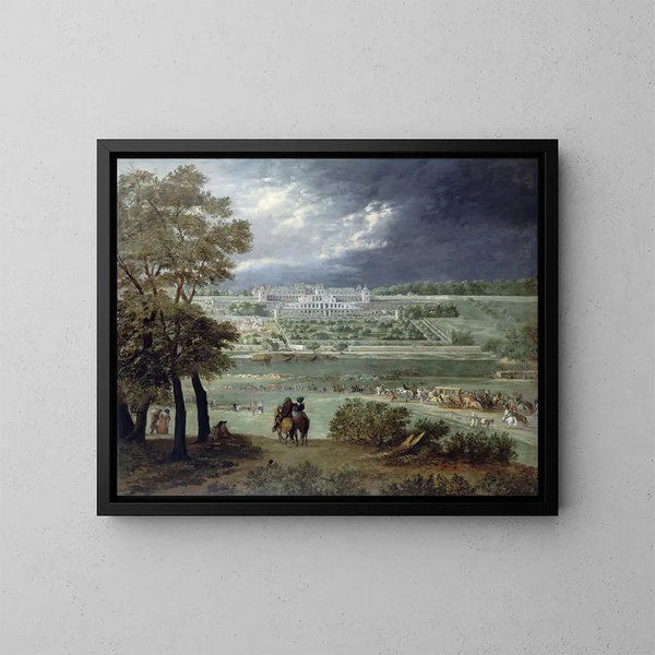 El Castillo Nuevo de Saint-Germain-en-Laye y los jardines vistos desde la orilla derecha del Sena - Adam Frans van der Meulen — cuadro enmarcado en la pared