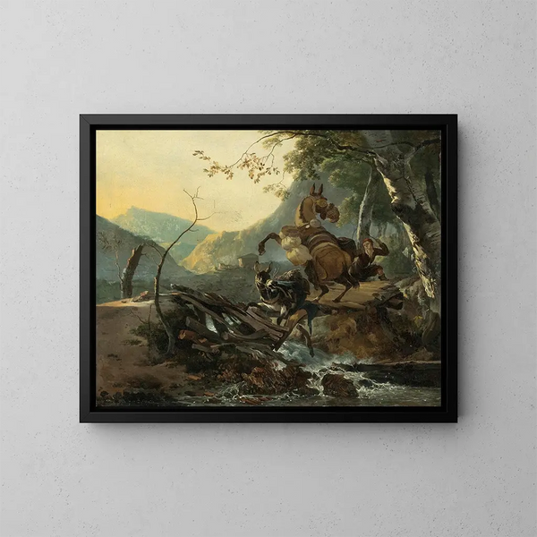 paisaje en cursiva con un burro y un caballo al galope cruzando un puente en ruinas - Adam Pynacker — cuadro enmarcado en la pared